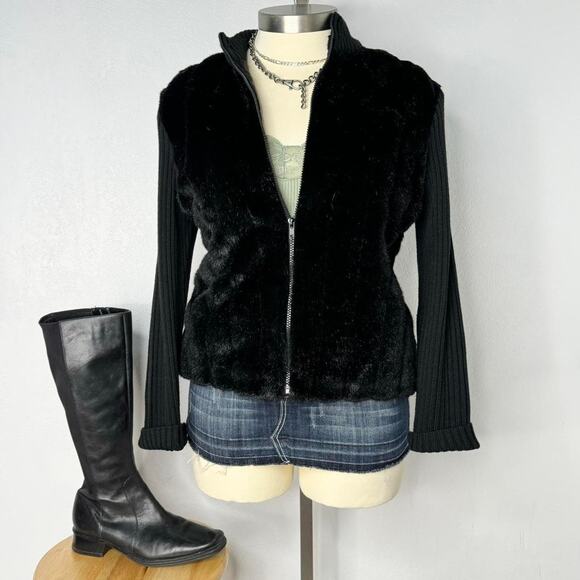 Y2K Faux Fur Zip Sweater Jacket Black Ribbed Knit Zip Up Size Large. - Picture 1 of 8
